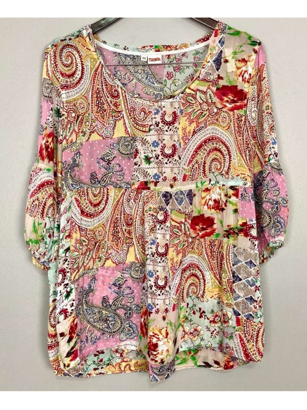 Tianello Bohemian Patchwork Lantern-Sleeve Top Women’s Sz XS Silky Rayon Paisley